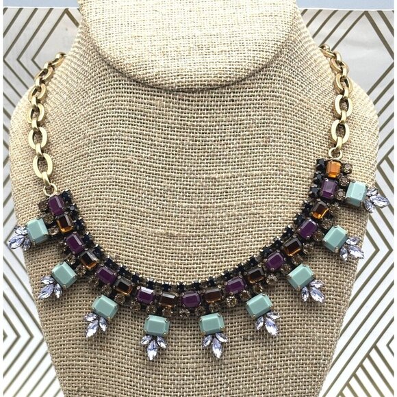 J.Crew Gold Tone, Blue, Purple & Amber Color Collar Crystal Statement Necklace - Picture 2 of 7